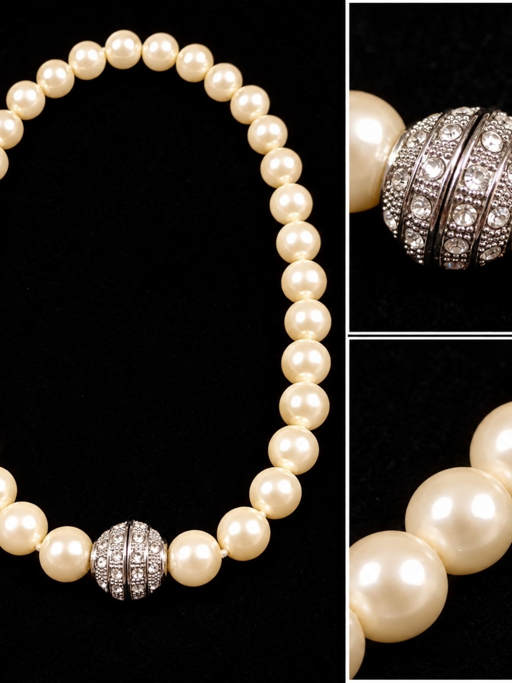 Vintage 80s Classic Glass Pearl Necklace with Pave Crystal Magnetic Clasp